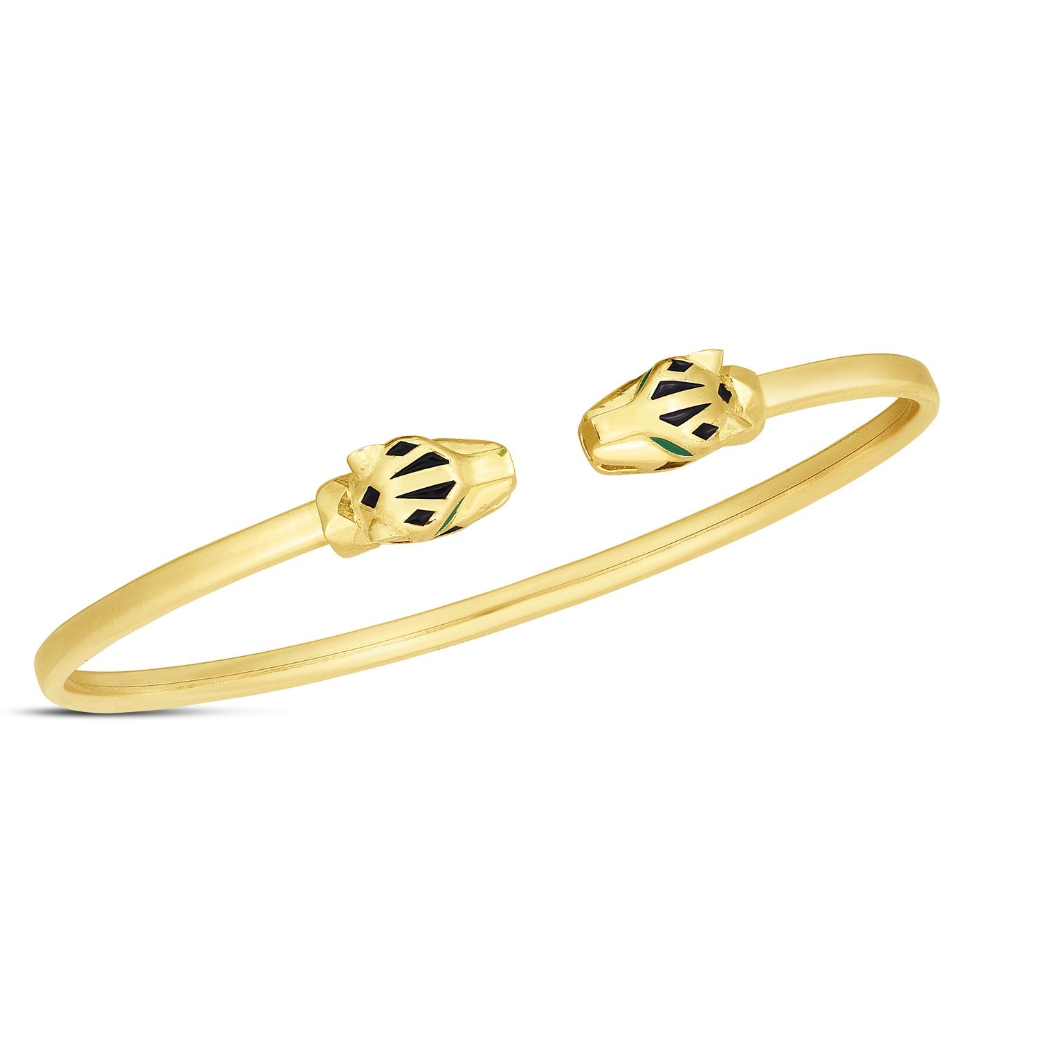 14k yellow gold panther bangle with black and green enamel details.