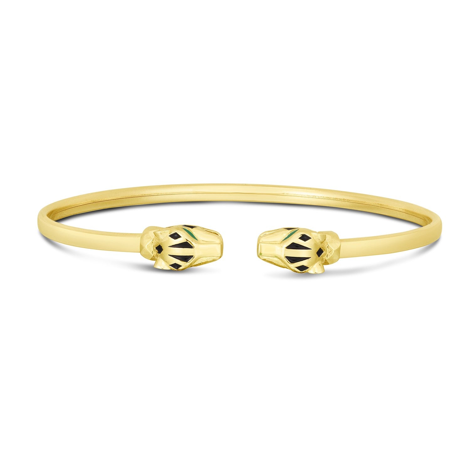 14k yellow gold panther bangle with black and green enamel details.