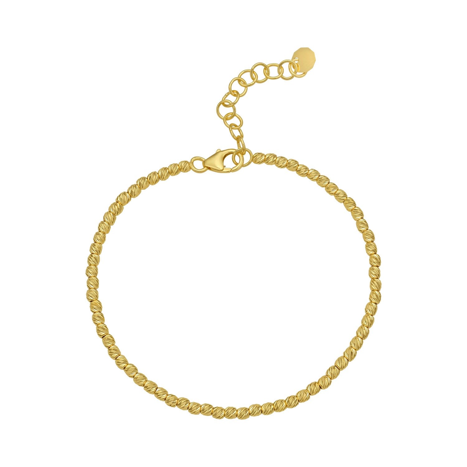 A 14K yellow gold bead chain bracelet with a lobster clasp and extender.