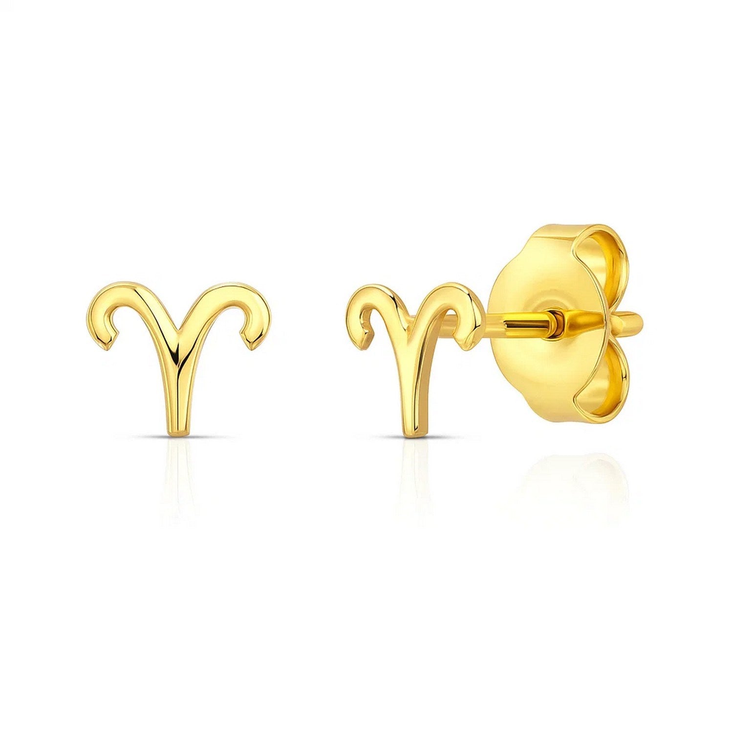 14K yellow gold Aries stud earrings with a push-back closure.