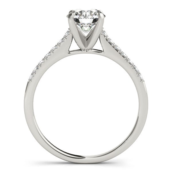14k white gold engagement ring with a round diamond and scalloped side diamonds.