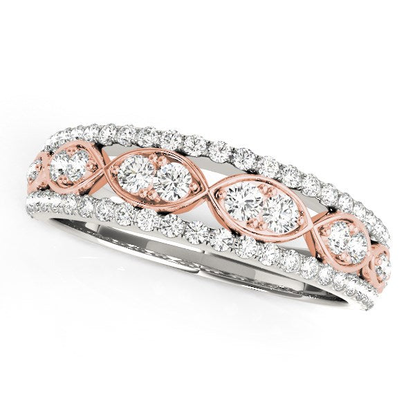 14k white and rose gold double diamond infinity design band.