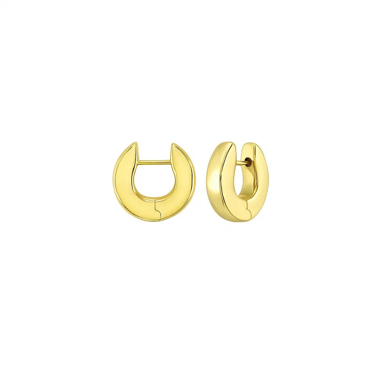 A pair of thick 14K yellow gold post hoop earrings with a polished finish.
