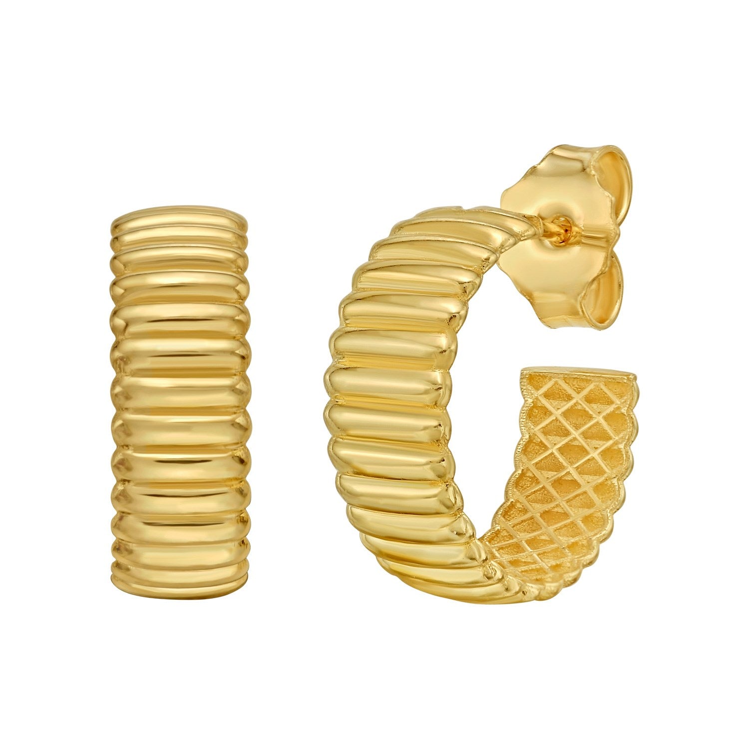 14K yellow gold Tubogas C-hoop earrings with a ribbed texture and push back clasps.