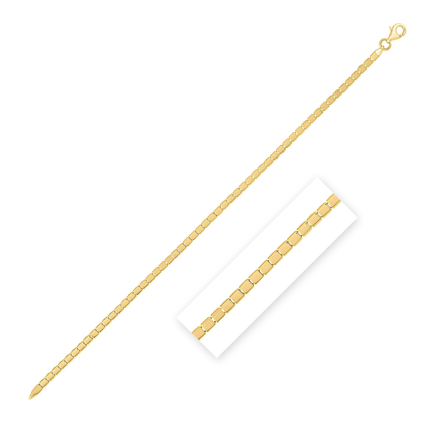 14K yellow gold mini cube bracelet with a lobster clasp.