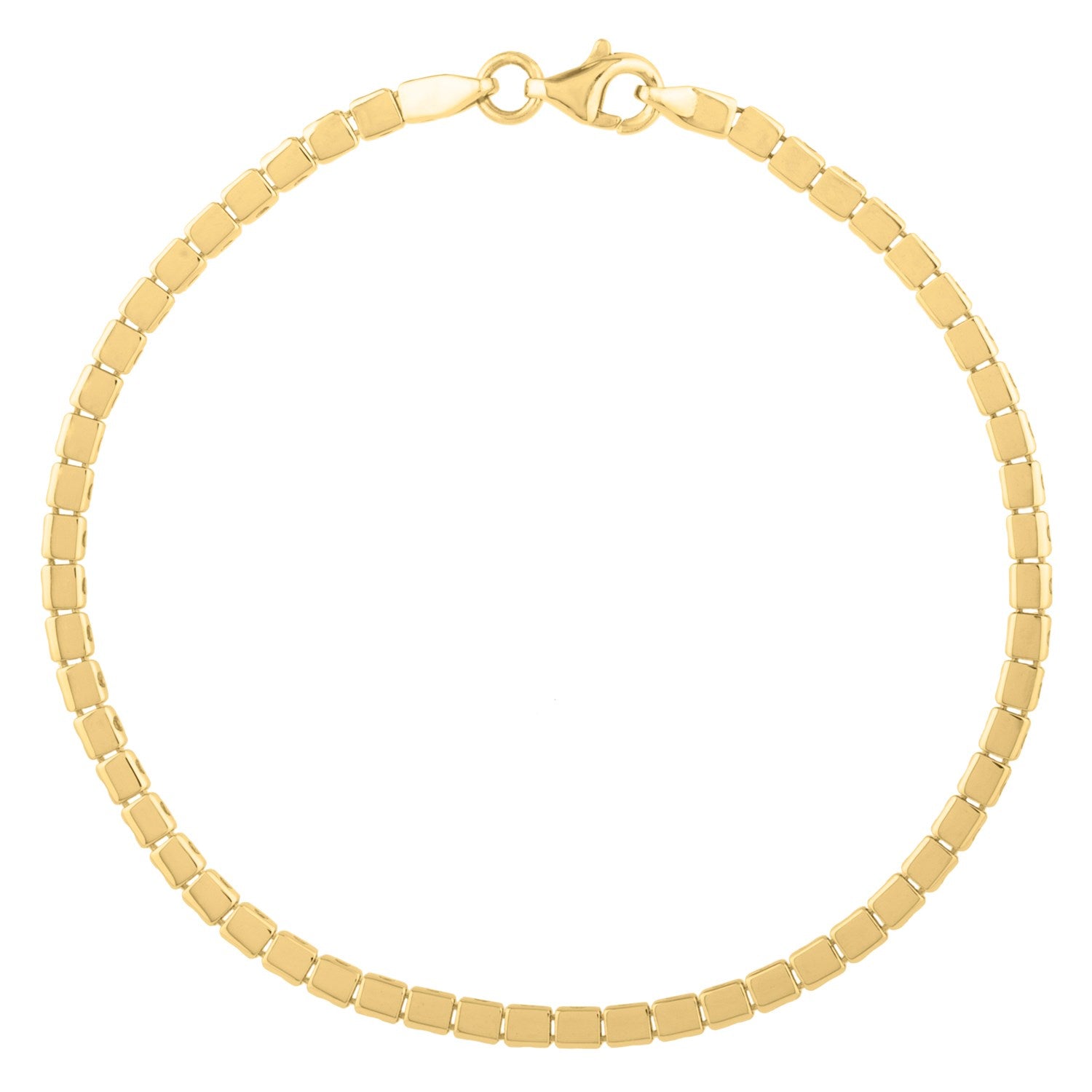 Mini cube bracelet in 14K yellow gold with a lobster clasp.