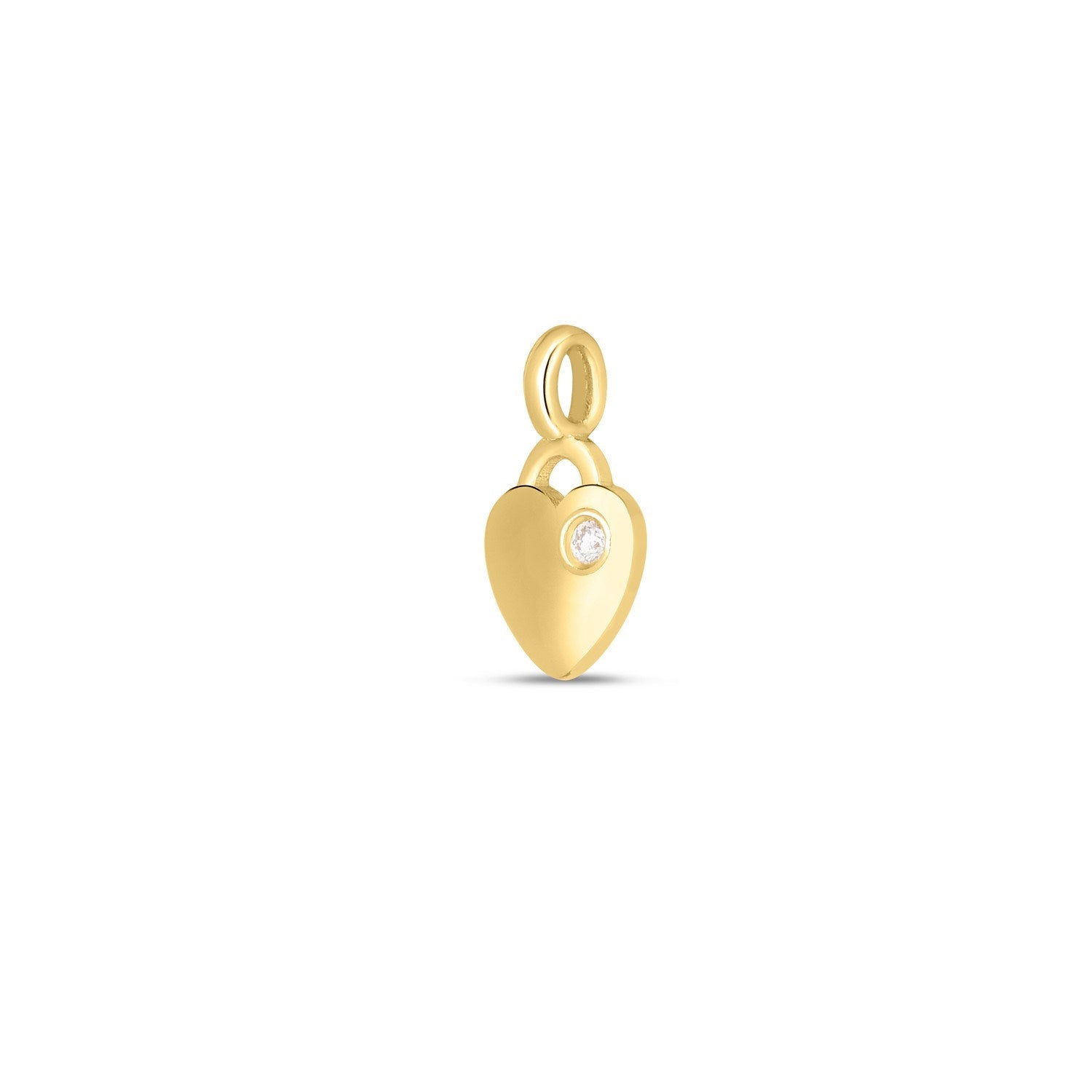 14k yellow gold mini heart charm with a single round diamond.