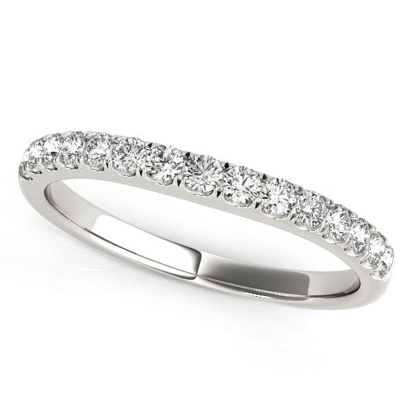 14k white gold pave set diamond wedding band with 15 round diamonds.