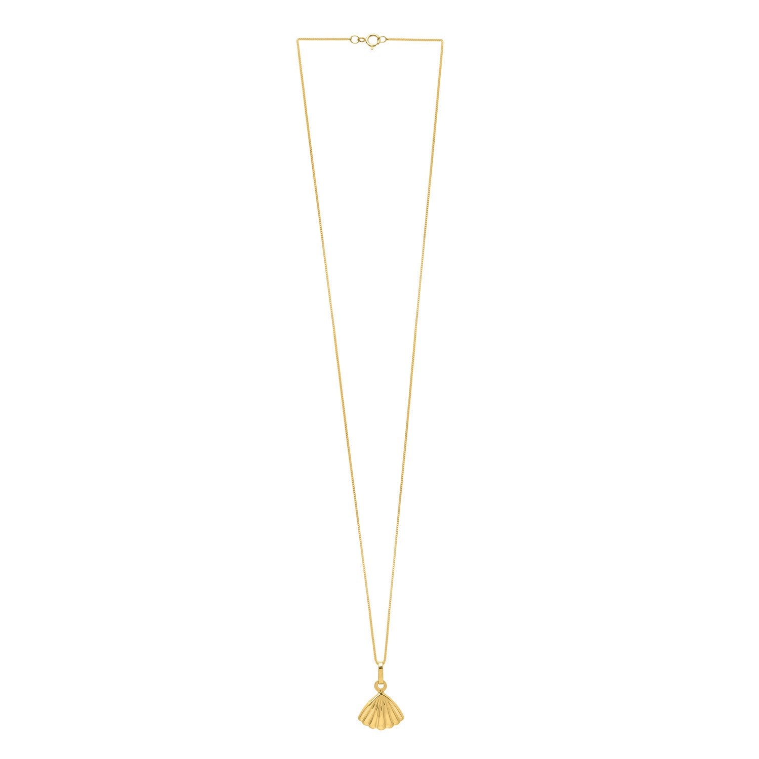 A yellow gold necklace features a polished scallop shell pendant on an 18-inch chain.