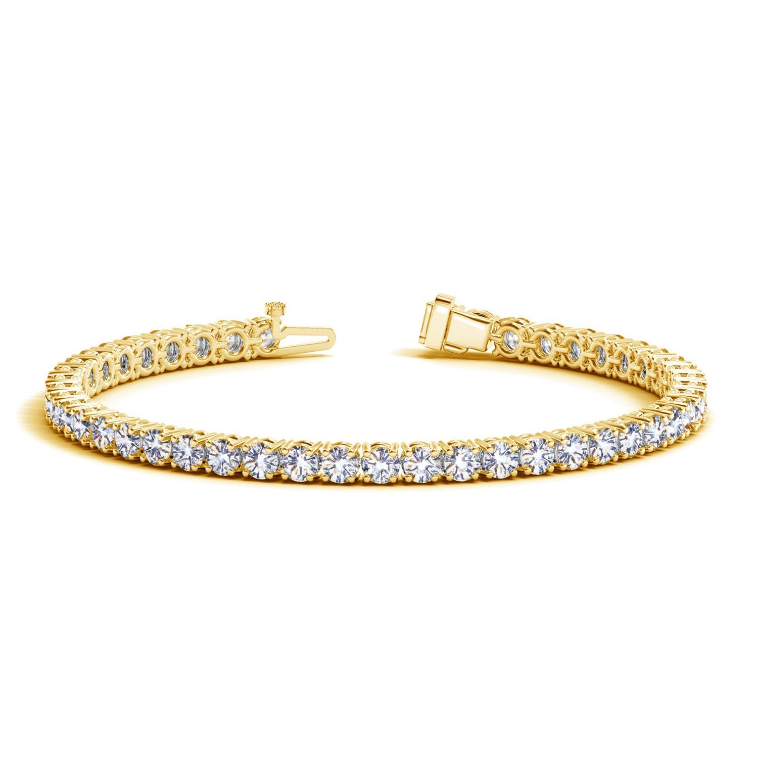A yellow gold tennis bracelet with round lab-grown diamonds and an open clasp.