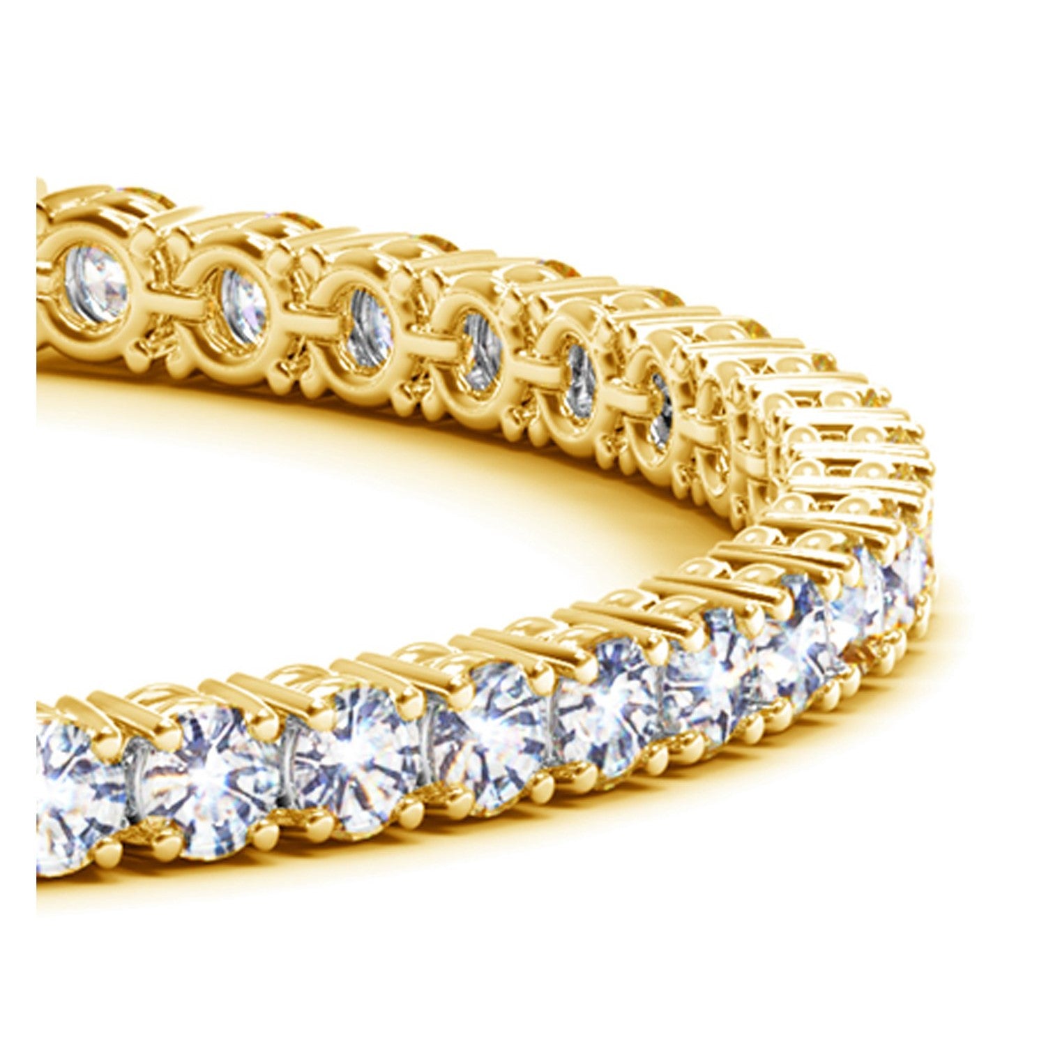 A yellow gold tennis bracelet with numerous round, brilliant-cut diamonds.