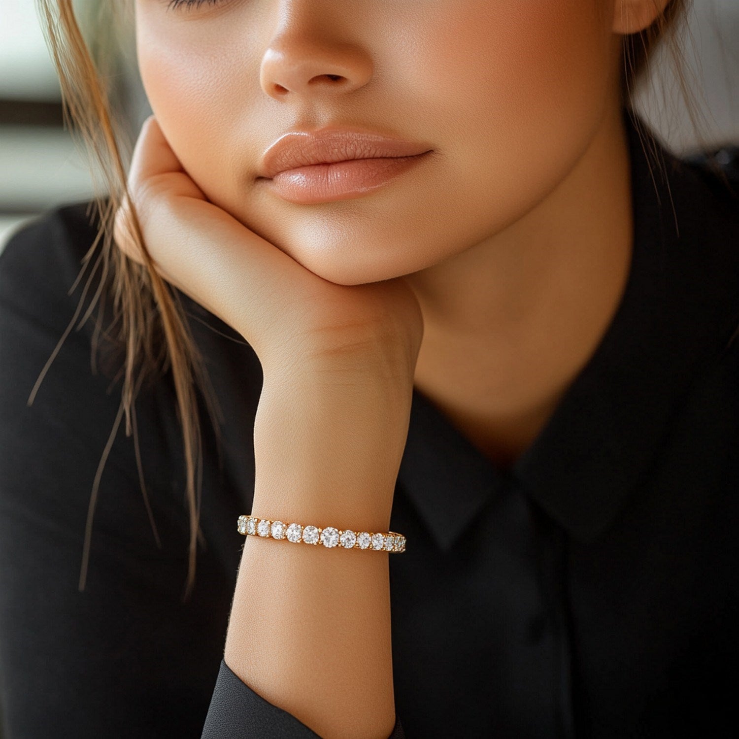Lab Grown Round Diamond Tennis Bracelet in 14k Yellow Gold on a woman's wrist.