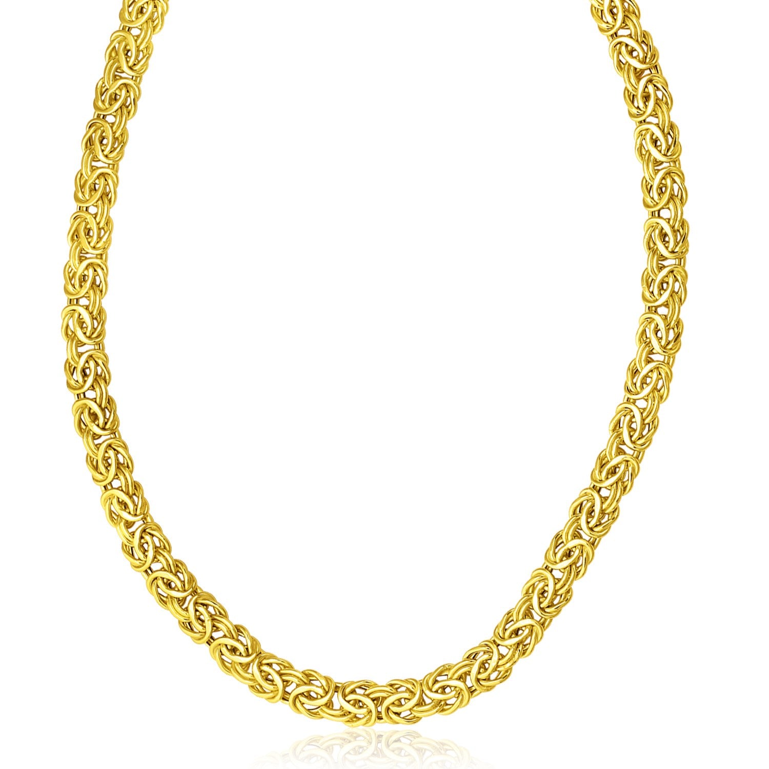 14k yellow gold Byzantine design necklace with a lobster clasp.