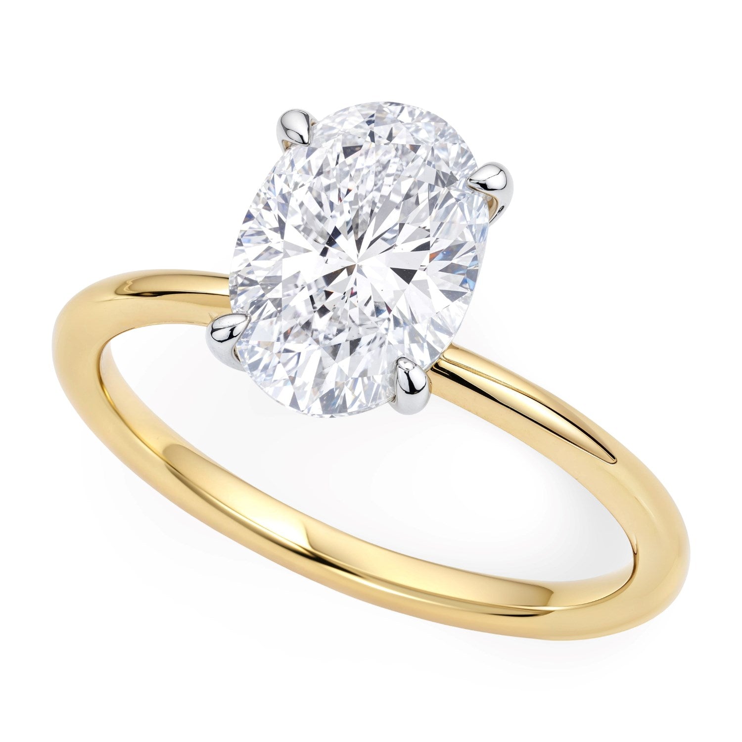 A 2 carat oval lab grown diamond solitaire ring in 10K yellow gold.