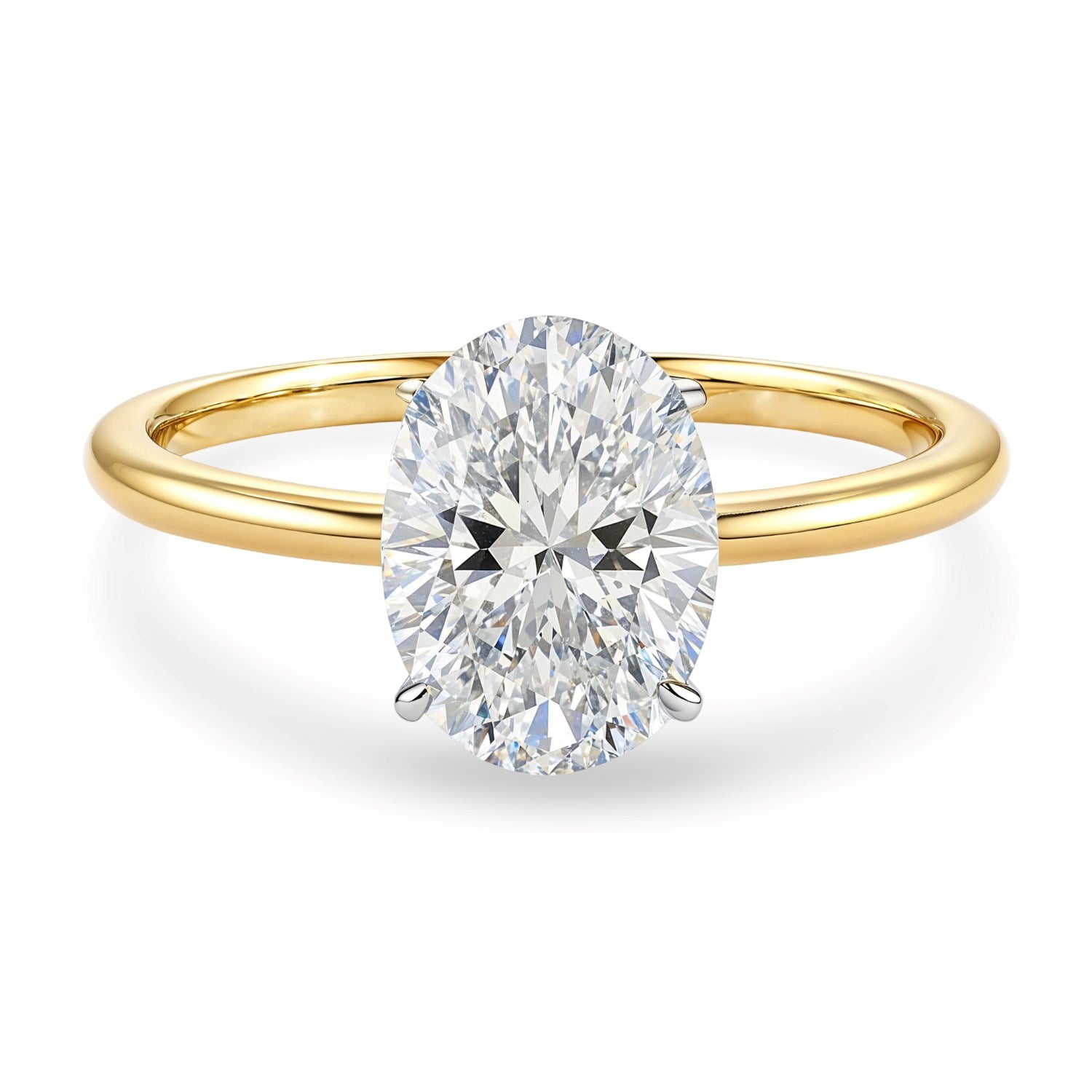A 2 carat oval lab grown diamond solitaire ring in 10K yellow gold.