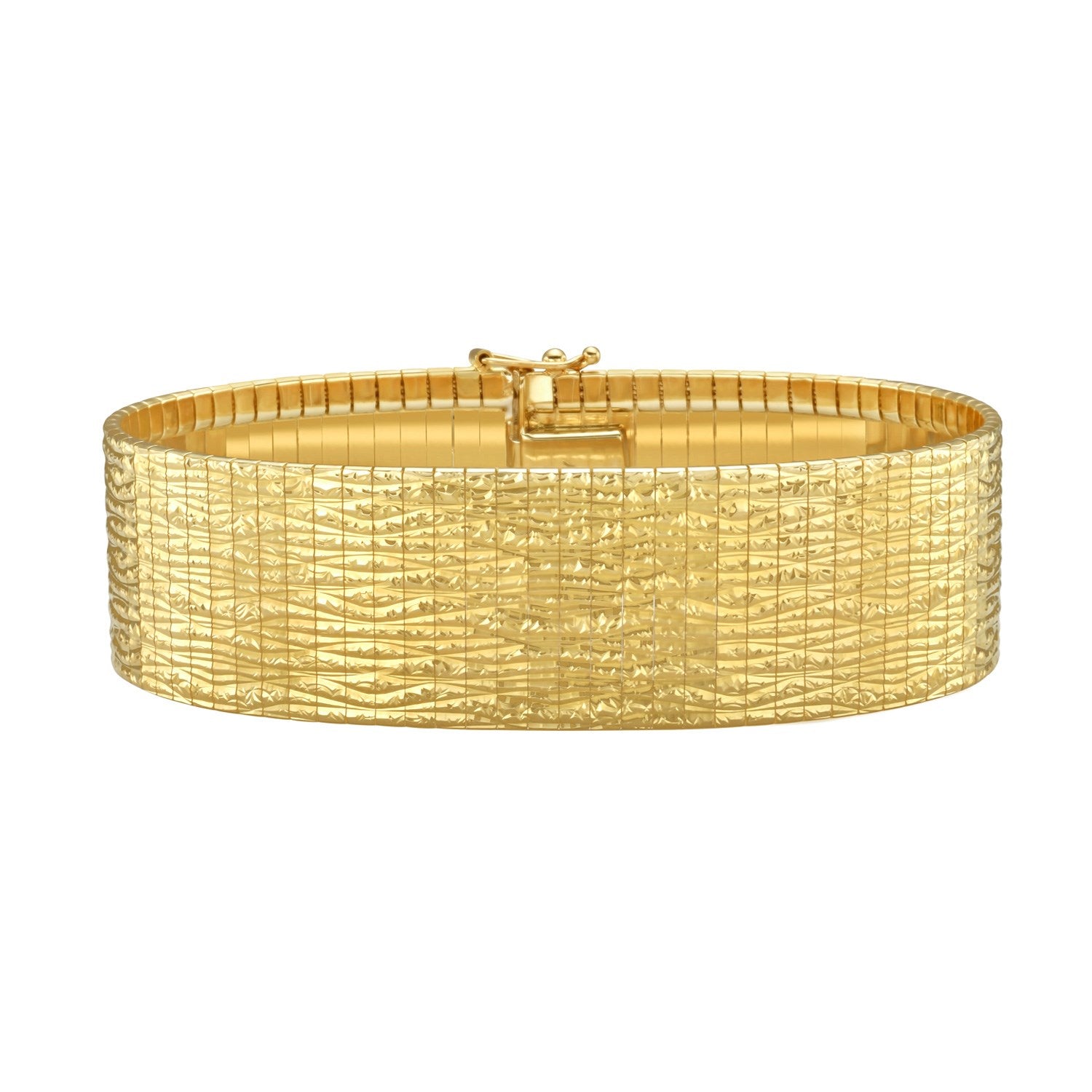14K yellow gold glacier bracelet with a textured, diamond-cut design and box clasp.