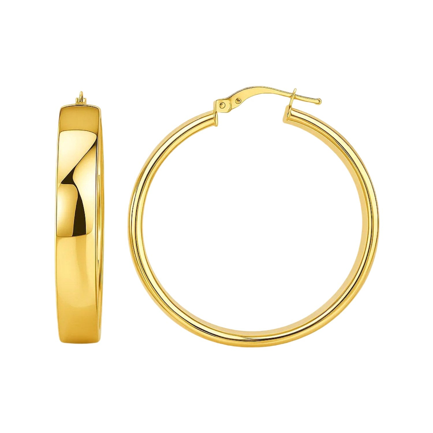 Two polished 14k yellow gold hoop earrings, one a thick band and one a thin circle.