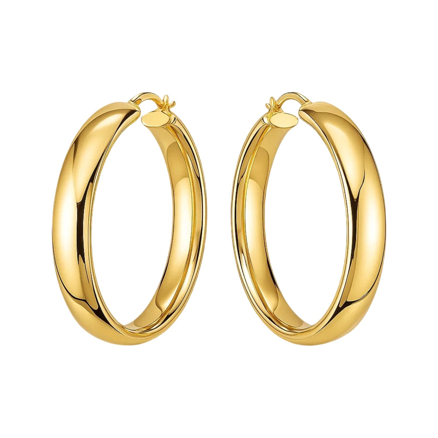 A pair of highly polished 14k yellow gold hoop earrings with hinged snap backs.