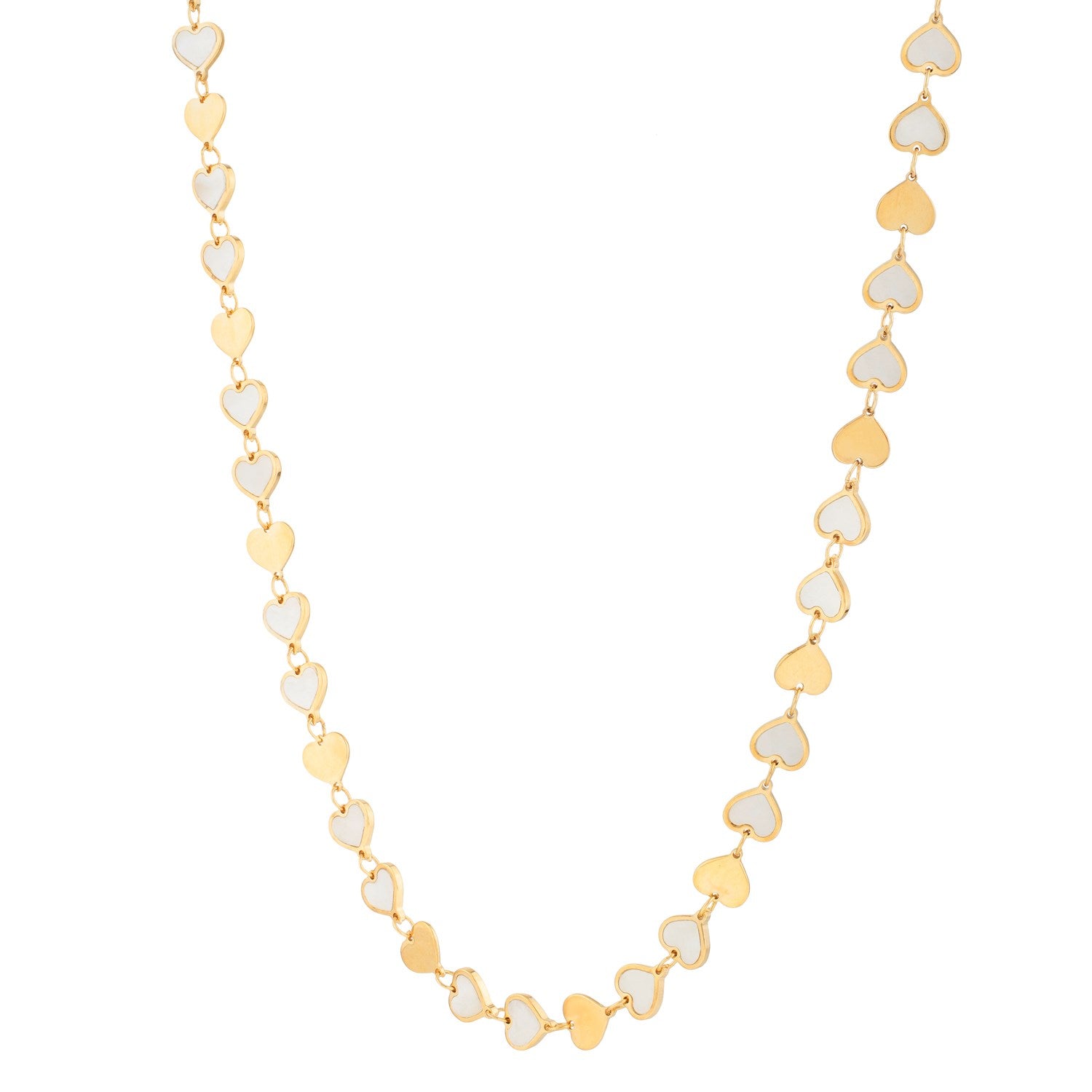 14K yellow gold necklace with alternating solid gold and mother-of-pearl heart links.