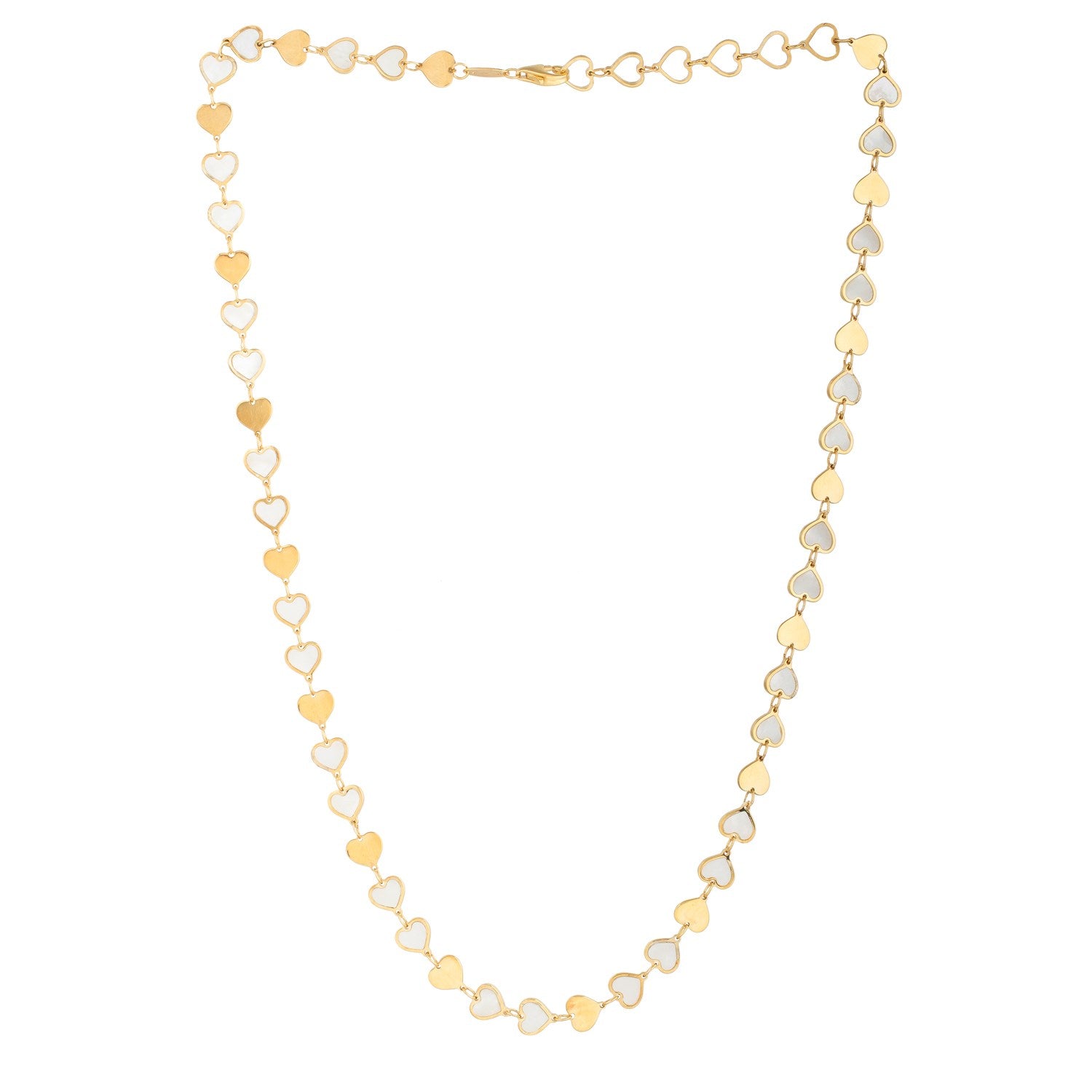 14K yellow gold necklace with alternating solid gold and mother-of-pearl heart links.