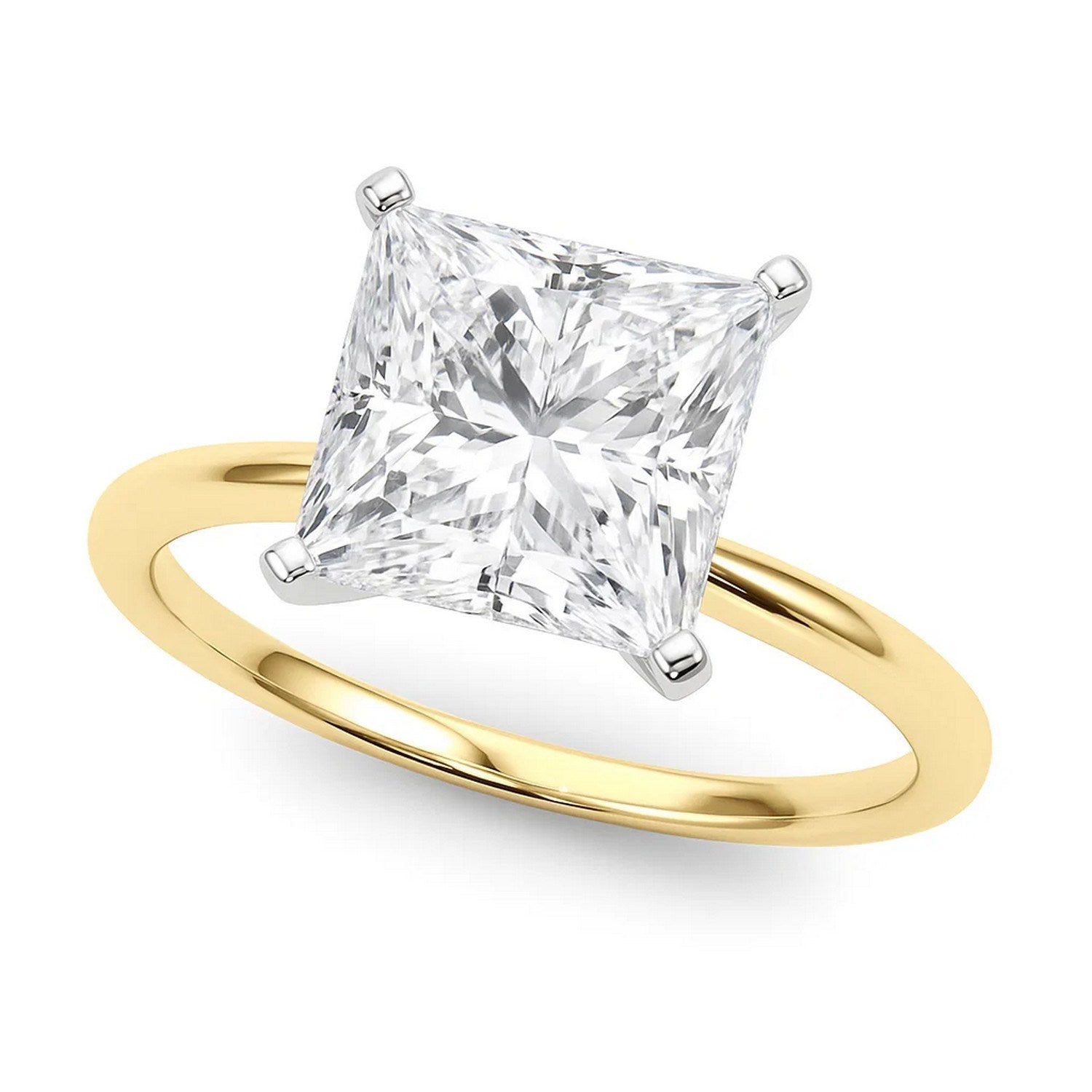 A princess-cut diamond solitaire ring with a white gold head on a yellow gold band.