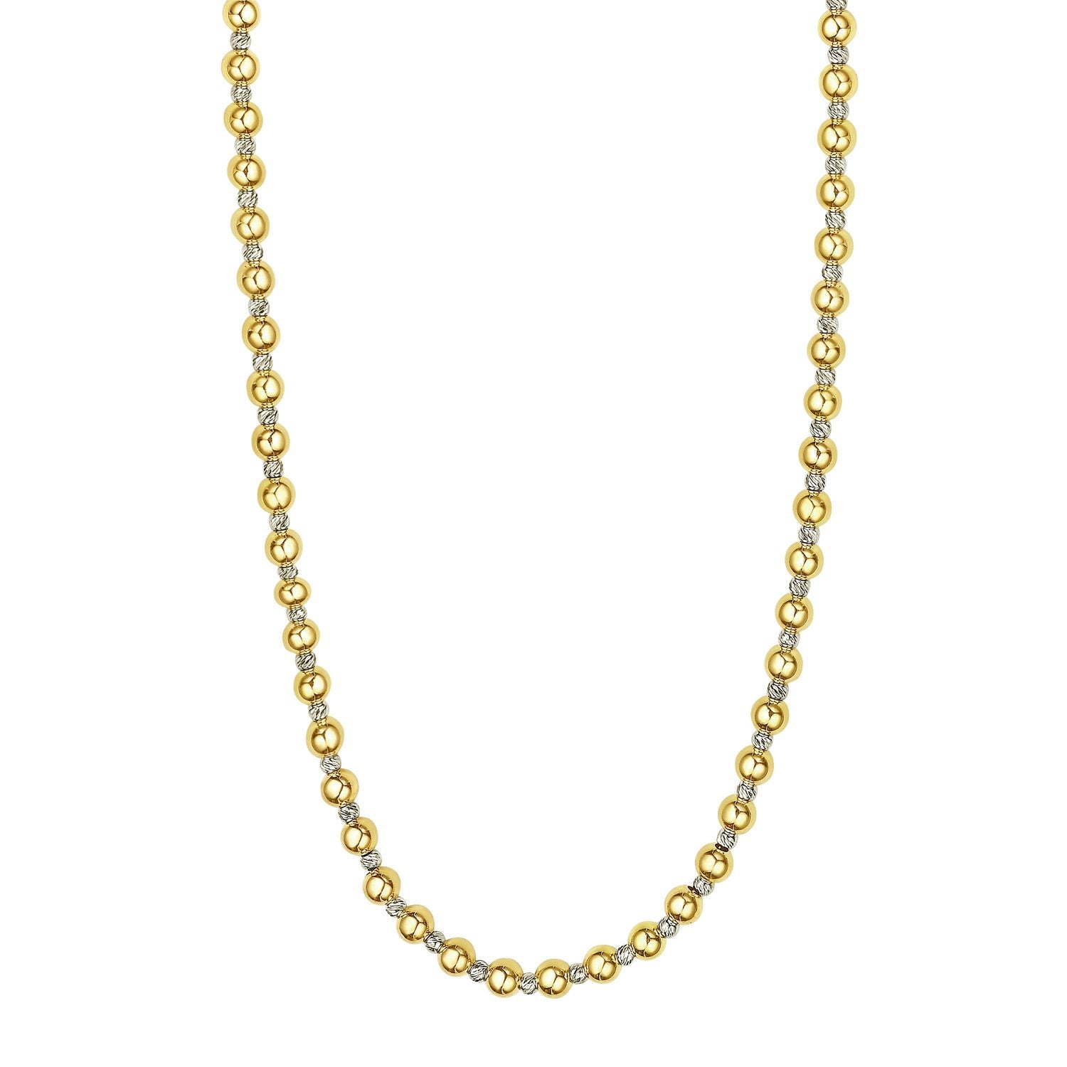 Two-tone beaded chain necklace with polished gold and textured silver beads.