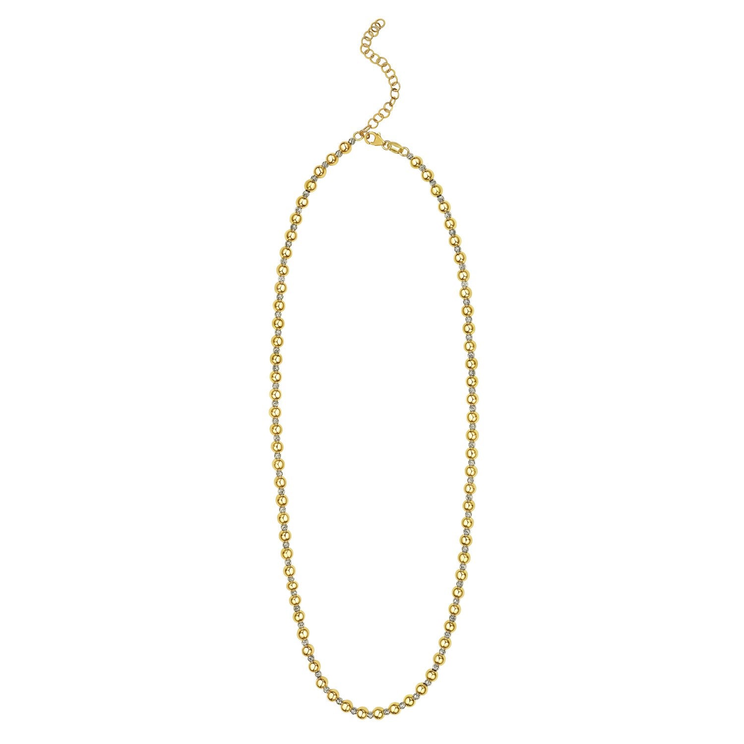 Two-tone beaded chain necklace in 14K gold with polished and textured beads.