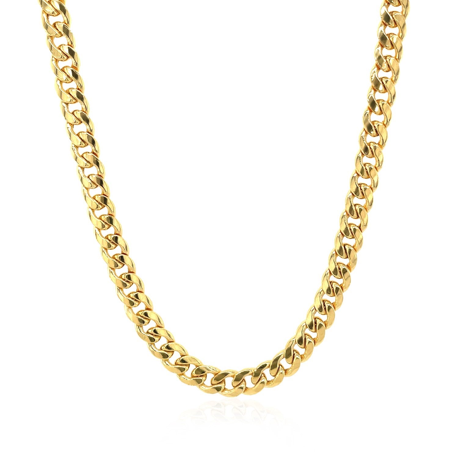 A 10k yellow gold Miami Cuban semi-solid chain, 4.50 mm wide, on a white background.