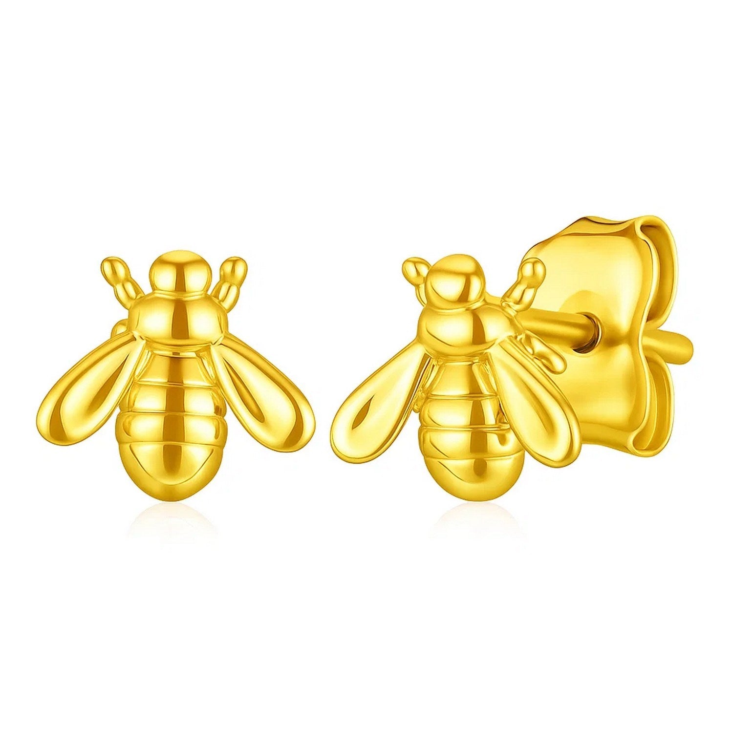 A pair of polished 14k yellow gold bee stud earrings with pushback clasps.