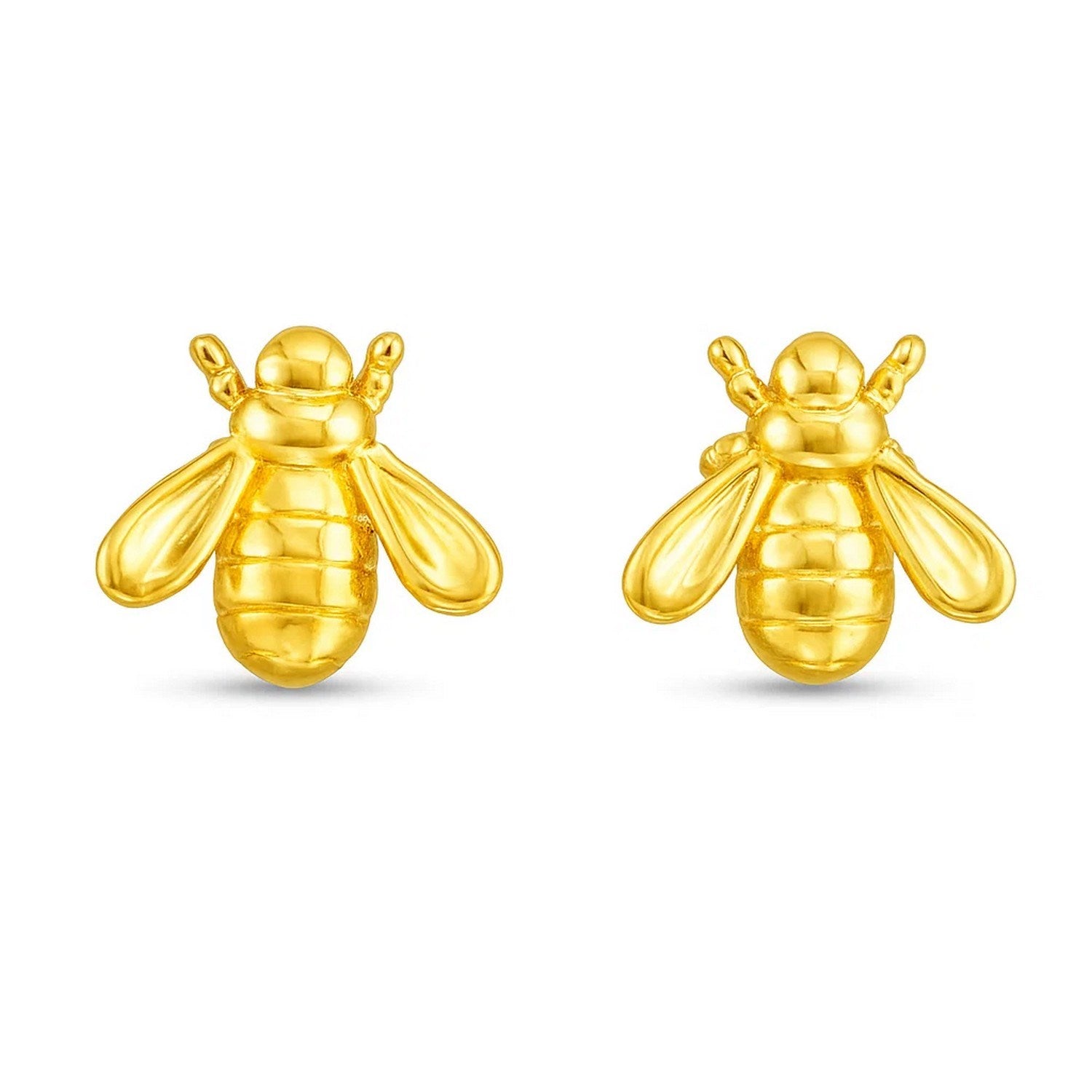 A pair of polished 14k yellow gold bee stud earrings with pushback clasps.