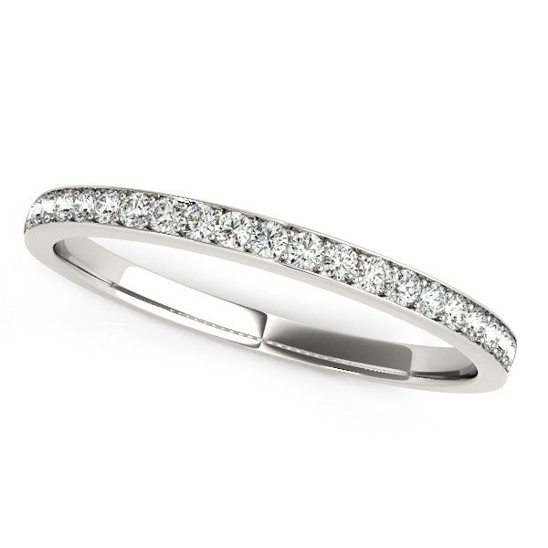 14k white gold wedding band with prong-set round diamonds across the top.