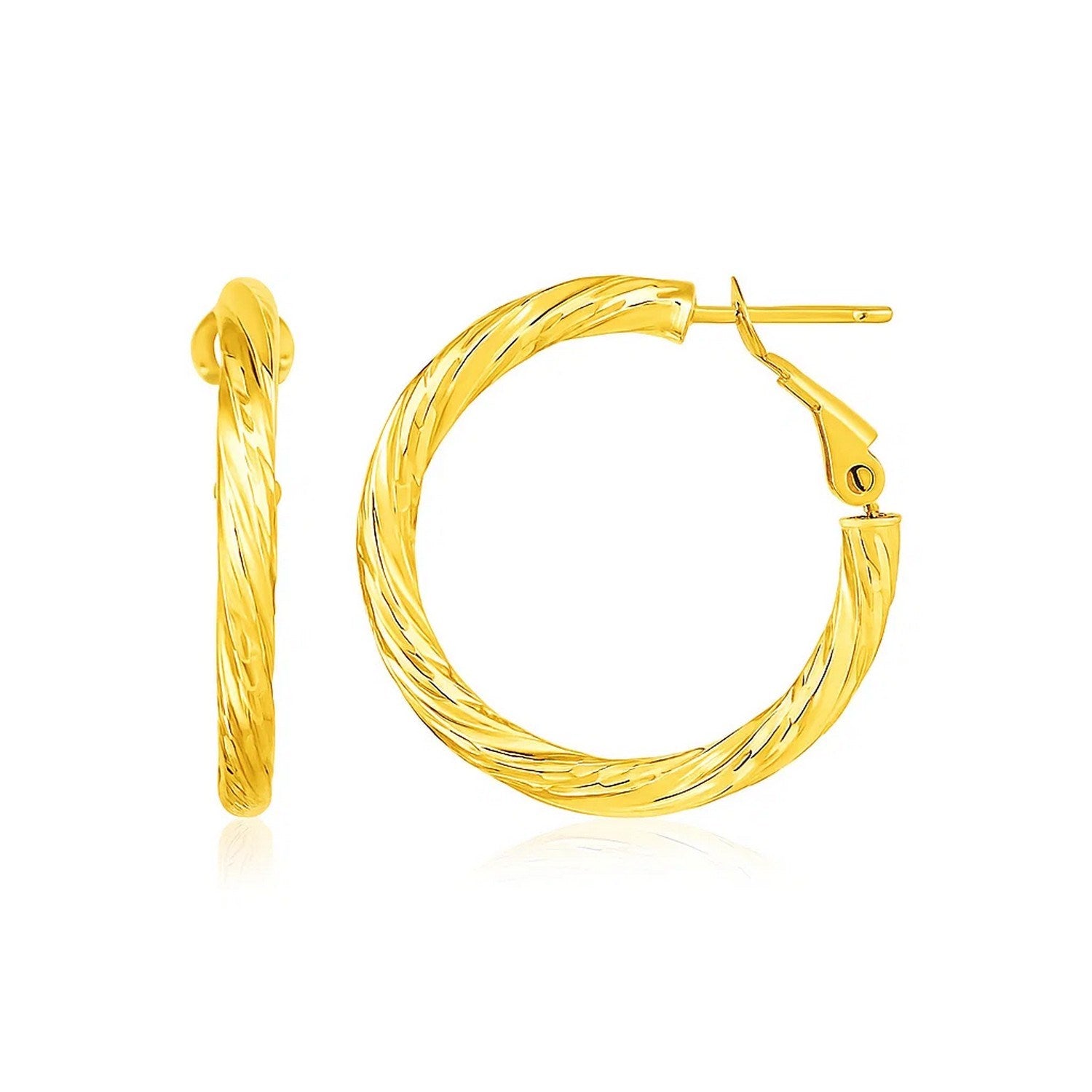 14k yellow gold petite twisted round hoop earrings with snap clasps.