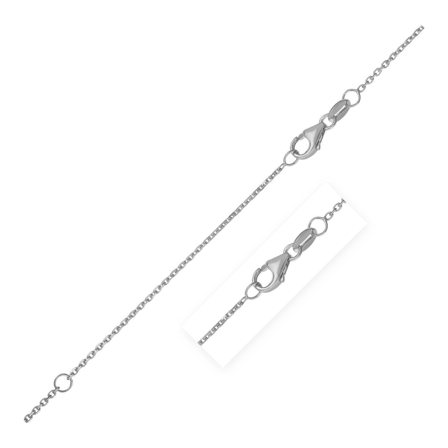 Double extendable diamond cut cable chain in white gold with a lobster clasp.