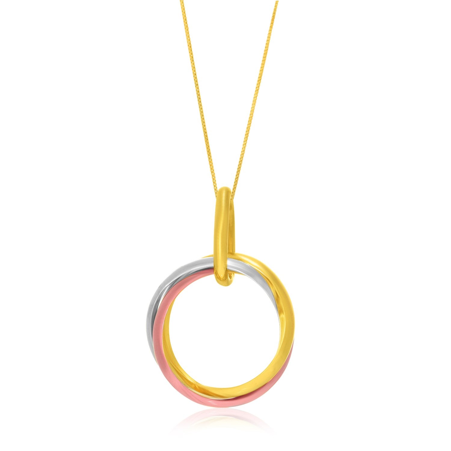 A 14k tri-color gold open interlaced ring pendant on a delicate chain.