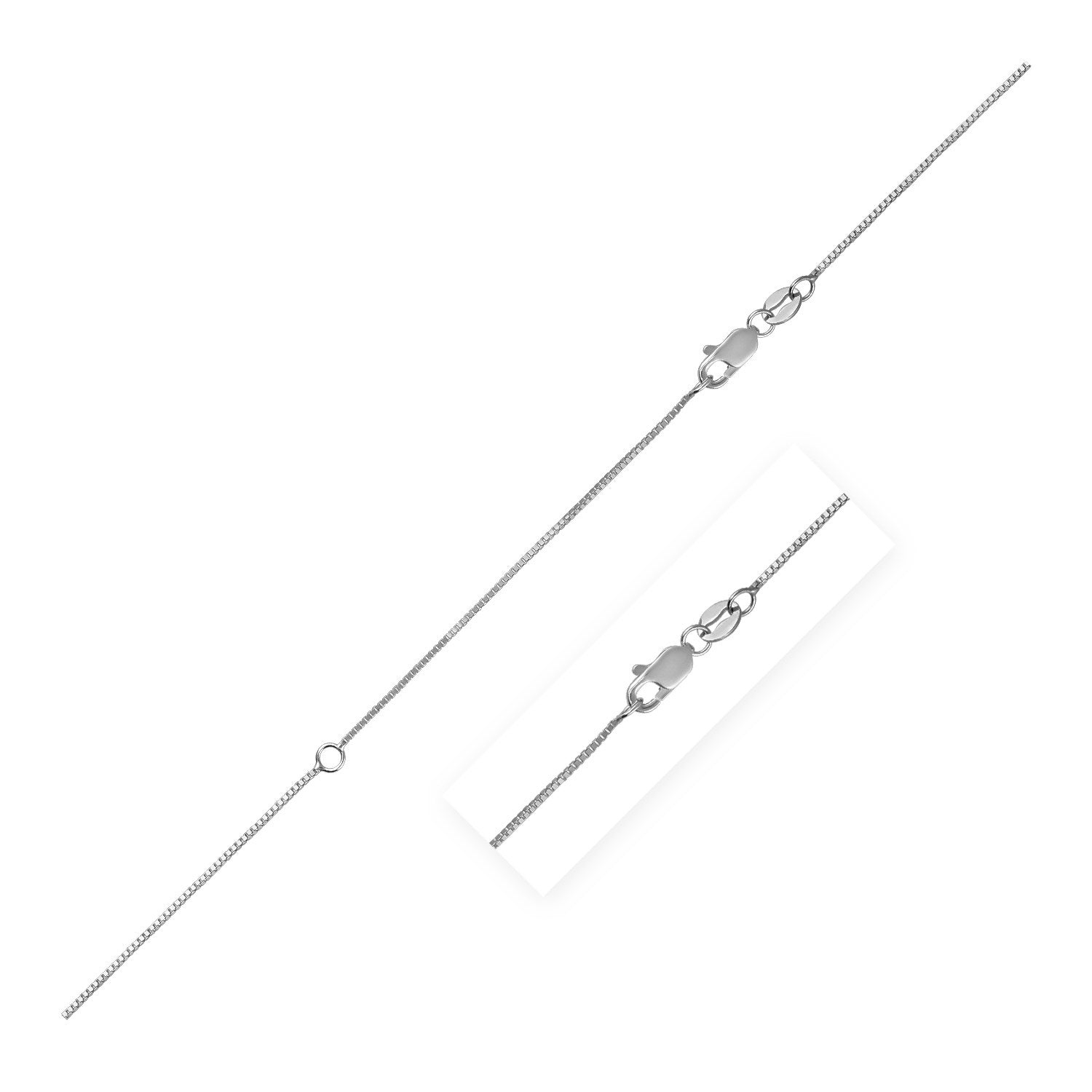 A white gold extendable box chain with a lobster clasp.