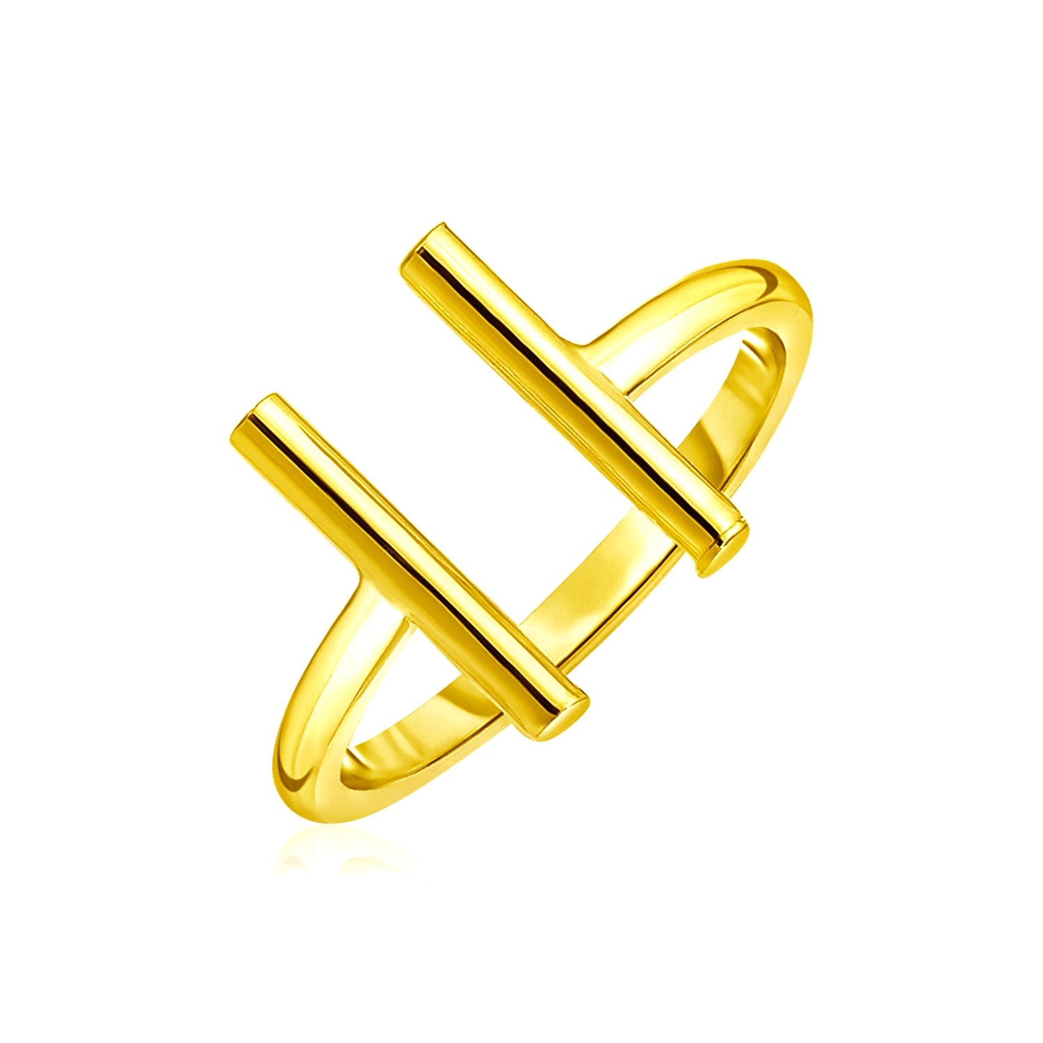 14k yellow gold open ring with two parallel bars.