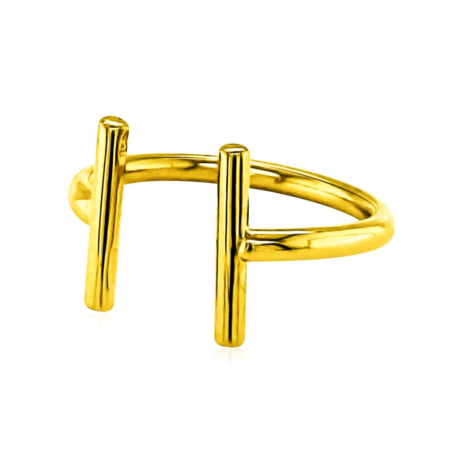 14k yellow gold open ring with two polished vertical bars.