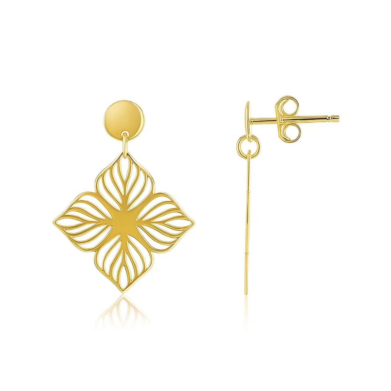 14K yellow gold flower cutout dangle earrings with a push-back clasp.