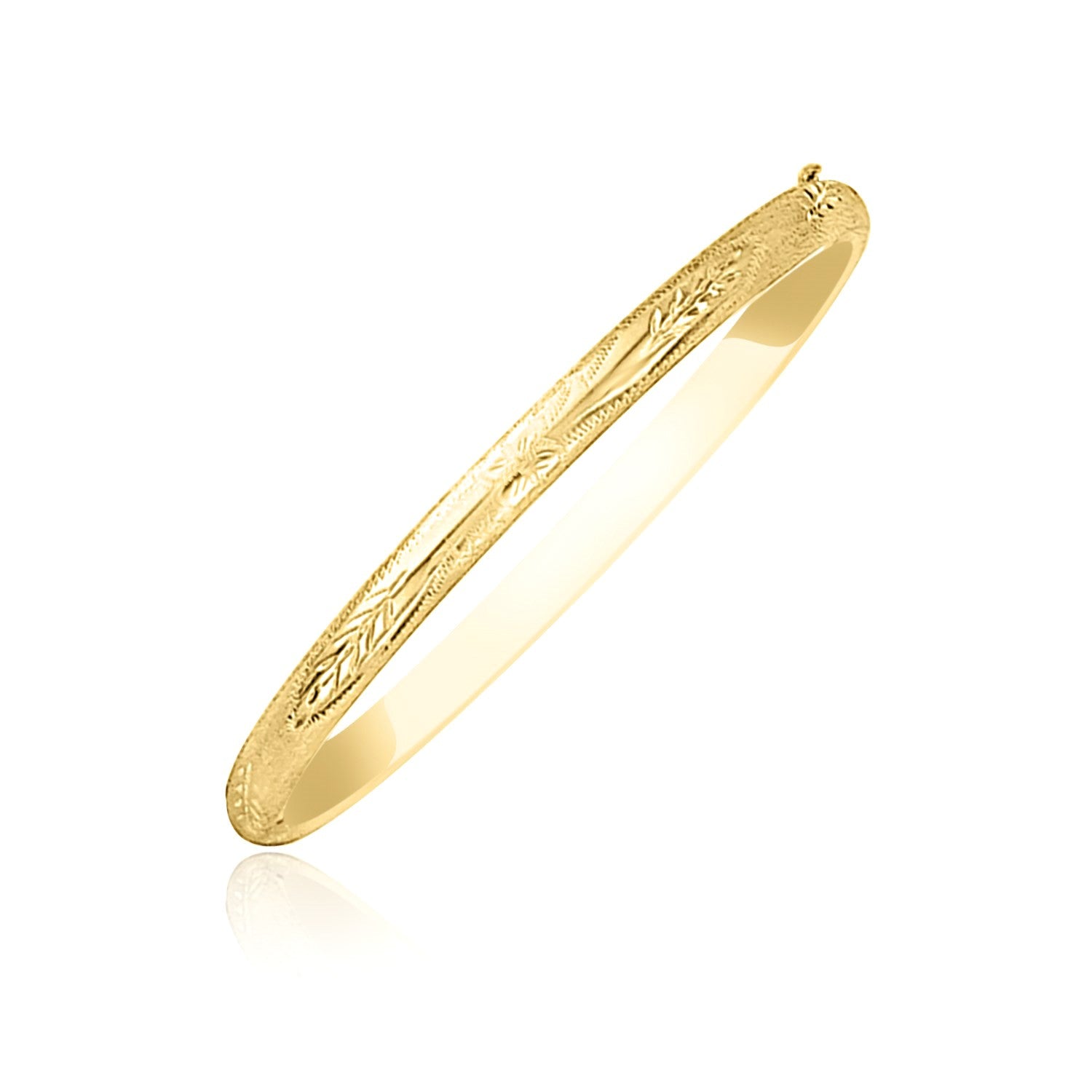 10k yellow gold botanical pattern Florentine bangle with a dome design.