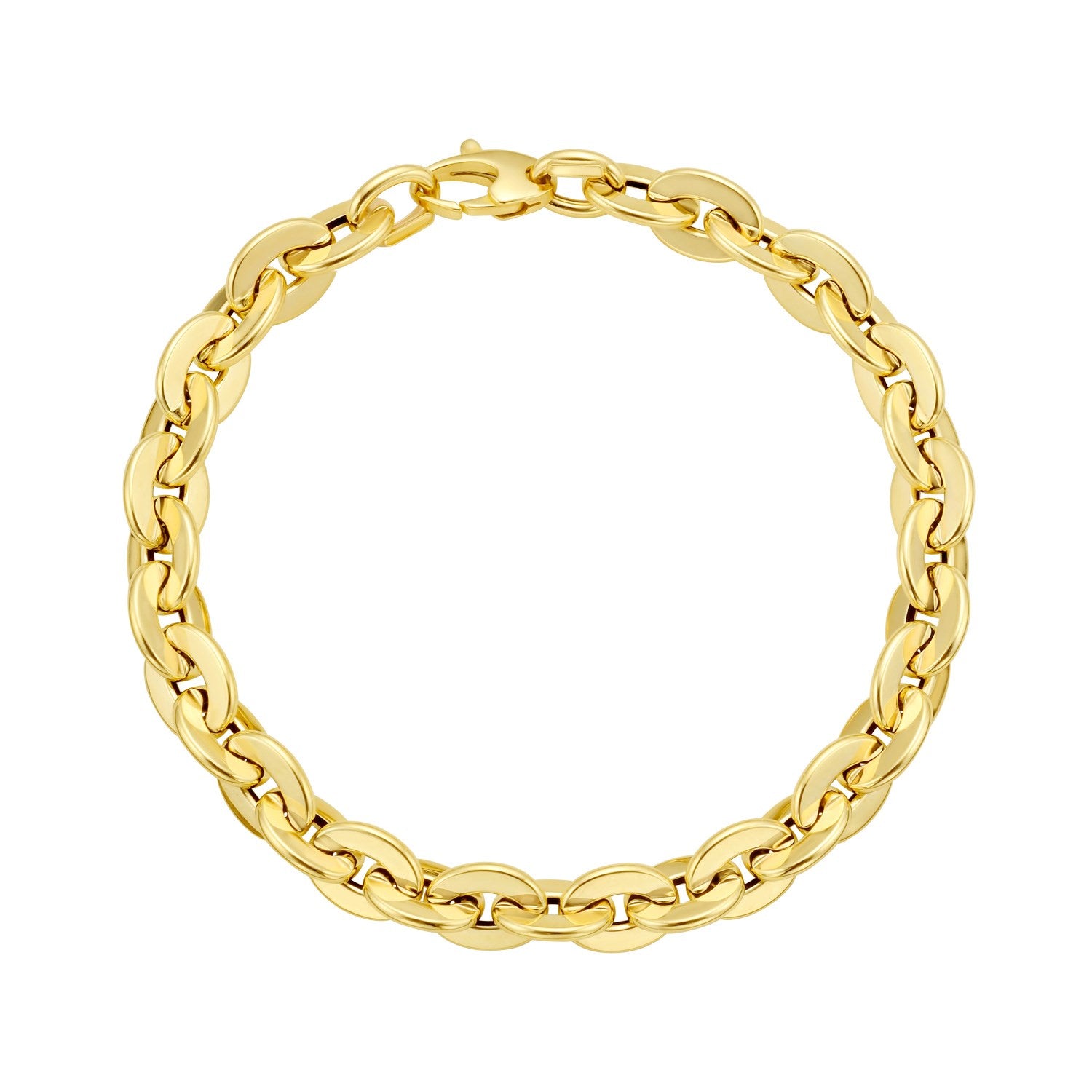 14K yellow gold mirror rolo link chain bracelet with a lobster clasp.