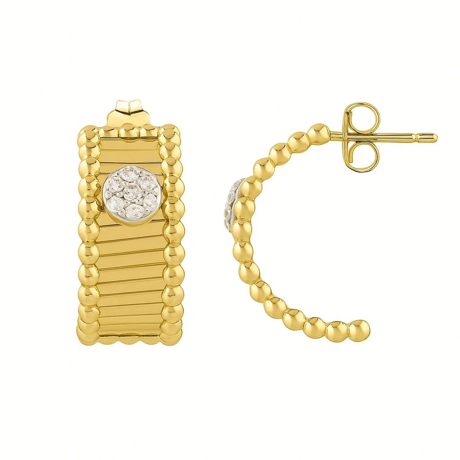14K yellow gold Pallina half-moon earrings with a diamond cluster and push-back clasp.