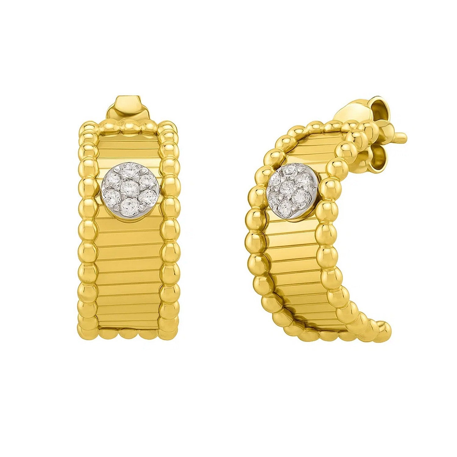 14K yellow gold half-moon earrings with a beaded edge and diamond cluster.