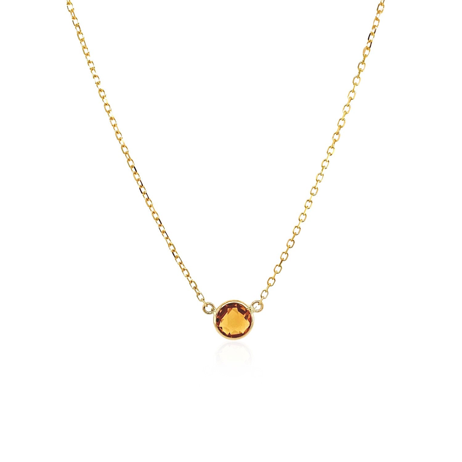 14k yellow gold 17-inch necklace with a round, bezel-set citrine.