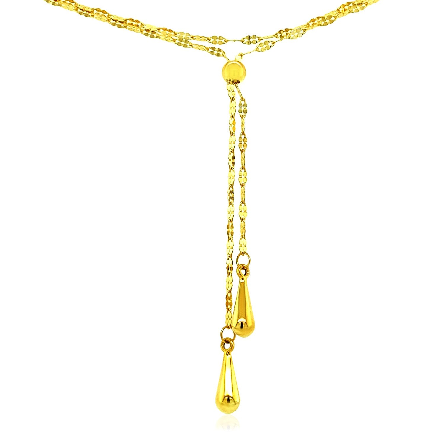 14k yellow gold double strand chain lariat necklace with two puffed teardrop drops.