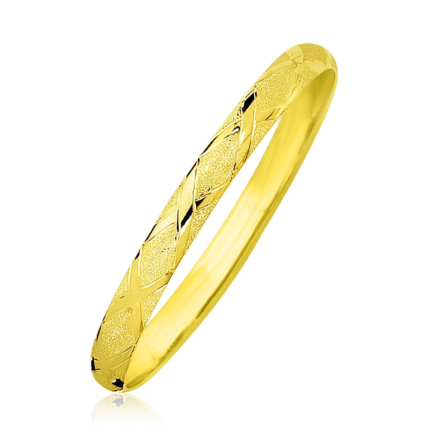 A 10k yellow gold bangle with a slender diamond pattern and textured finish.