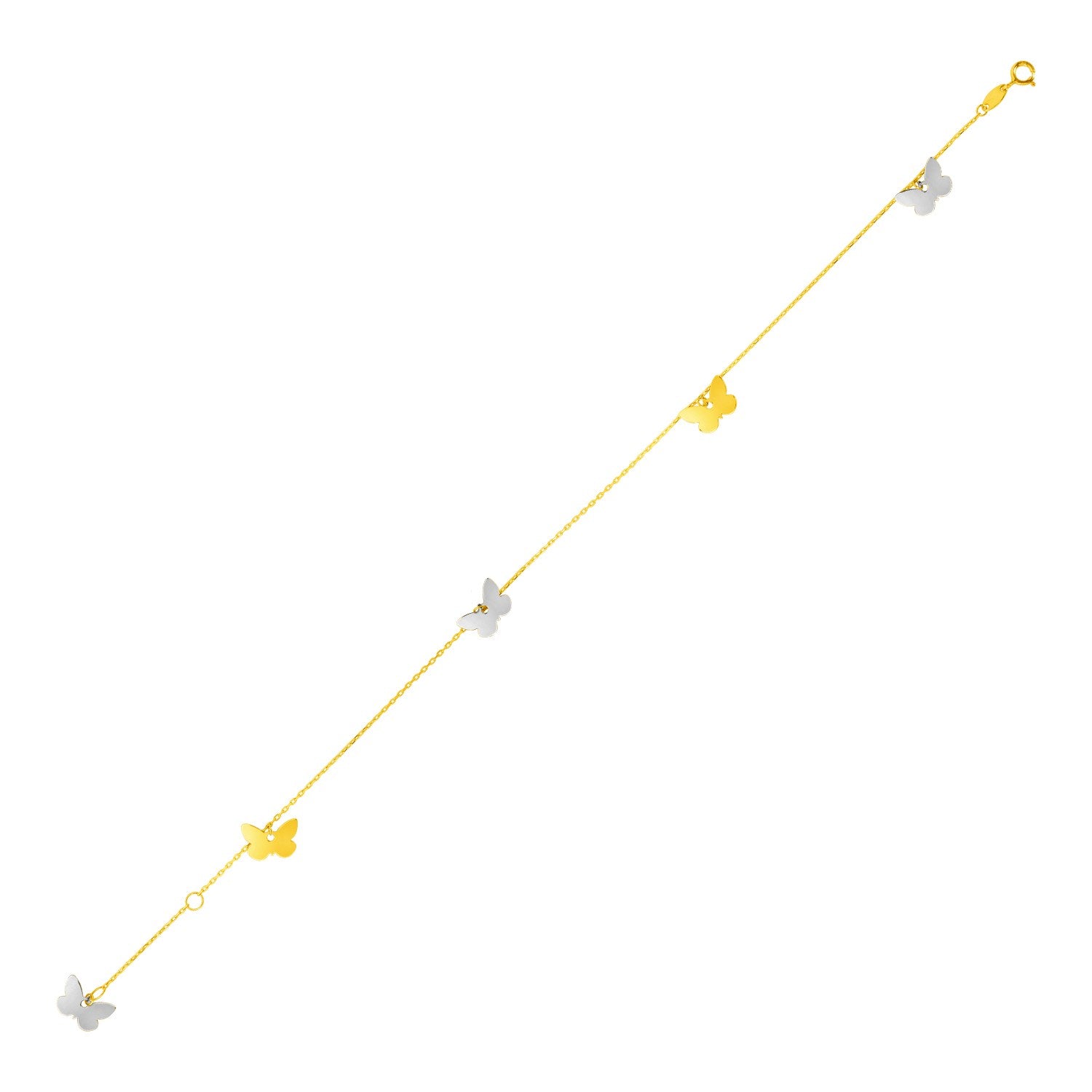 A two-tone gold anklet with five butterfly charms.