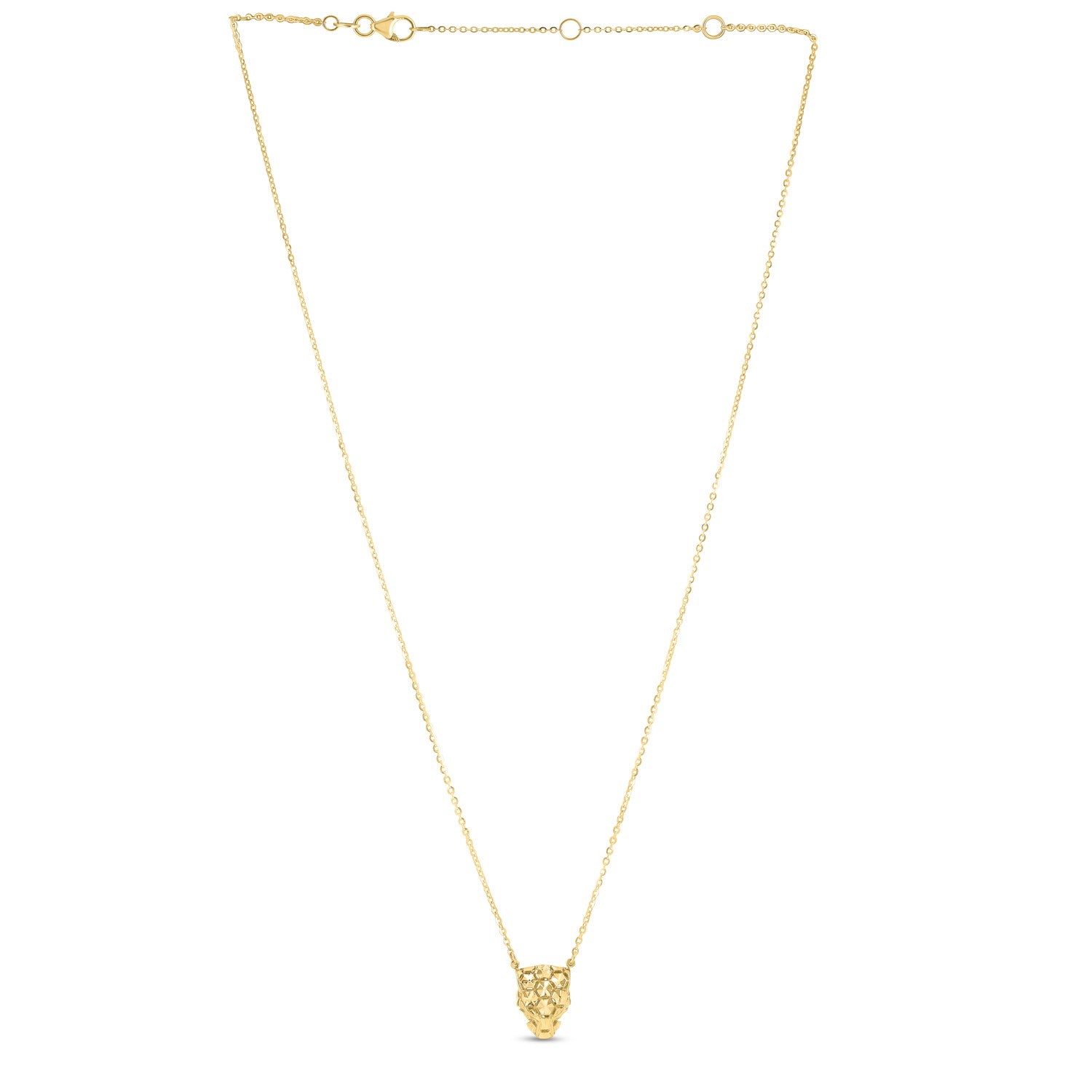 14k yellow gold panther head necklace with a rolo chain and lobster clasp.
