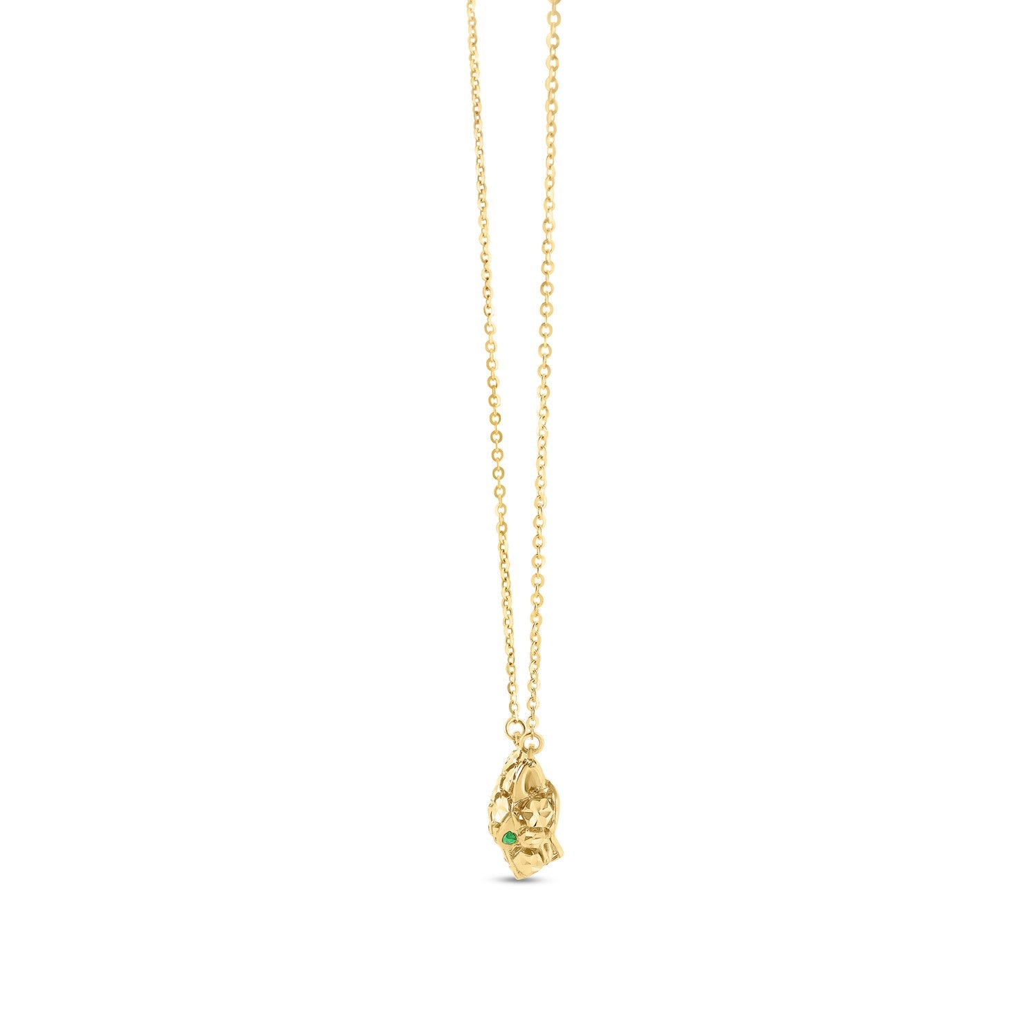 14k yellow gold panther head necklace with green emerald eyes on a rolo chain.