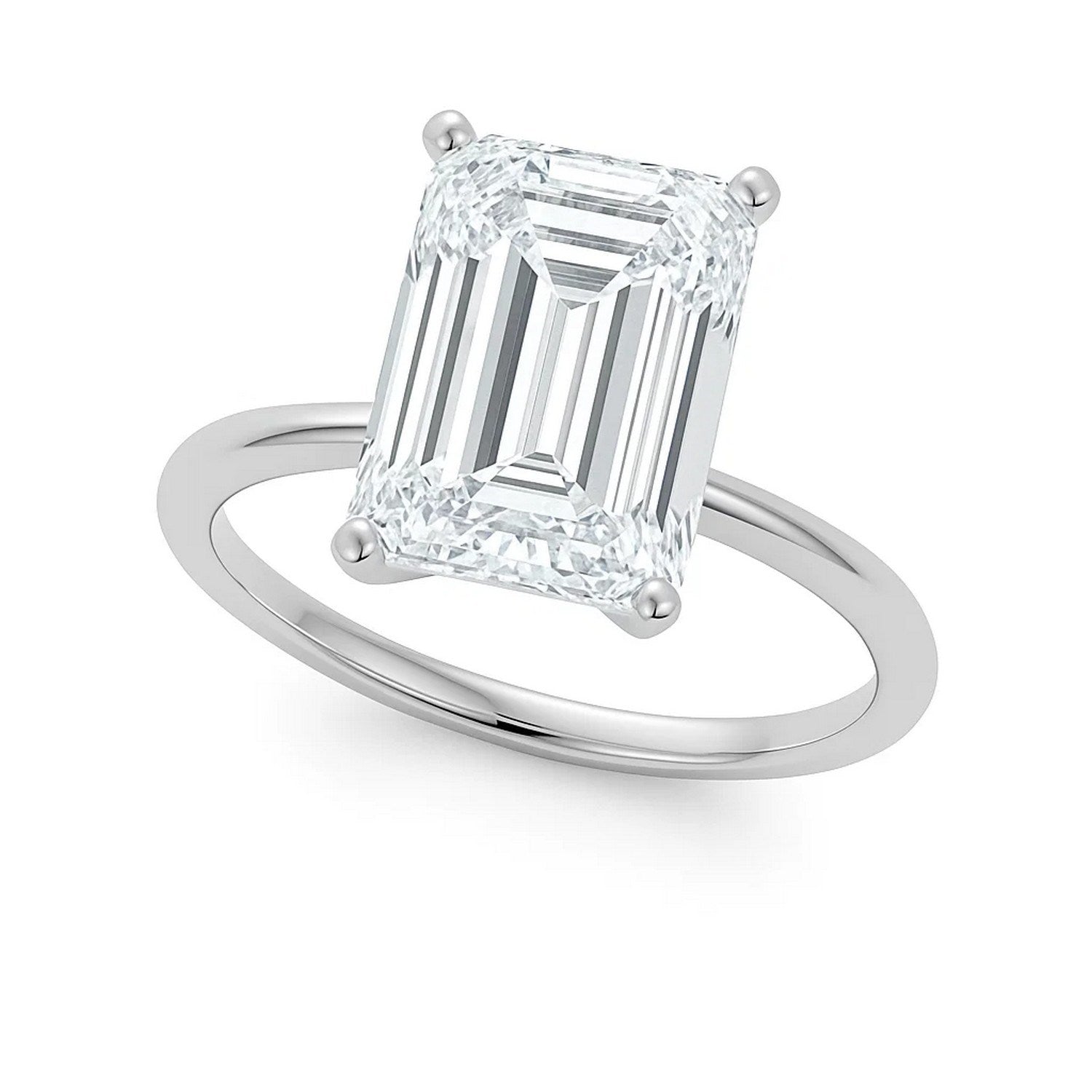 A 5 carat emerald lab grown diamond solitaire ring in 10K white gold.