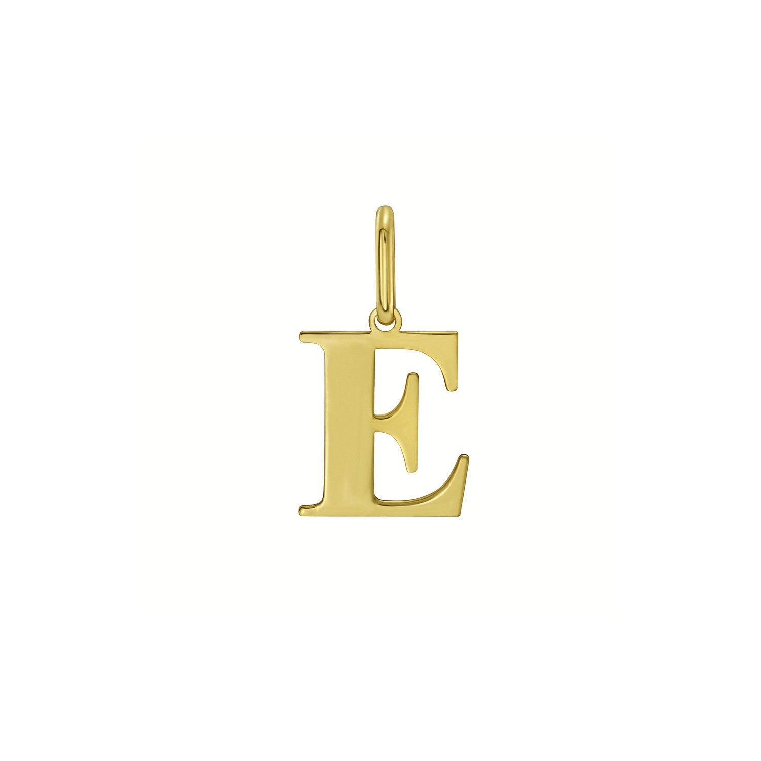 14K yellow gold initial E charm pendant with a polished finish.